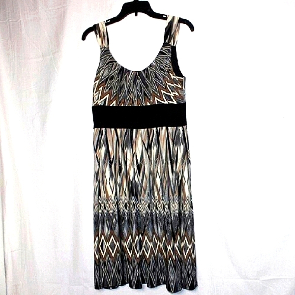 R&M Richards Petite 12P Sleeveless Empire Waist Dress | Boho Glam | Bold Geometr